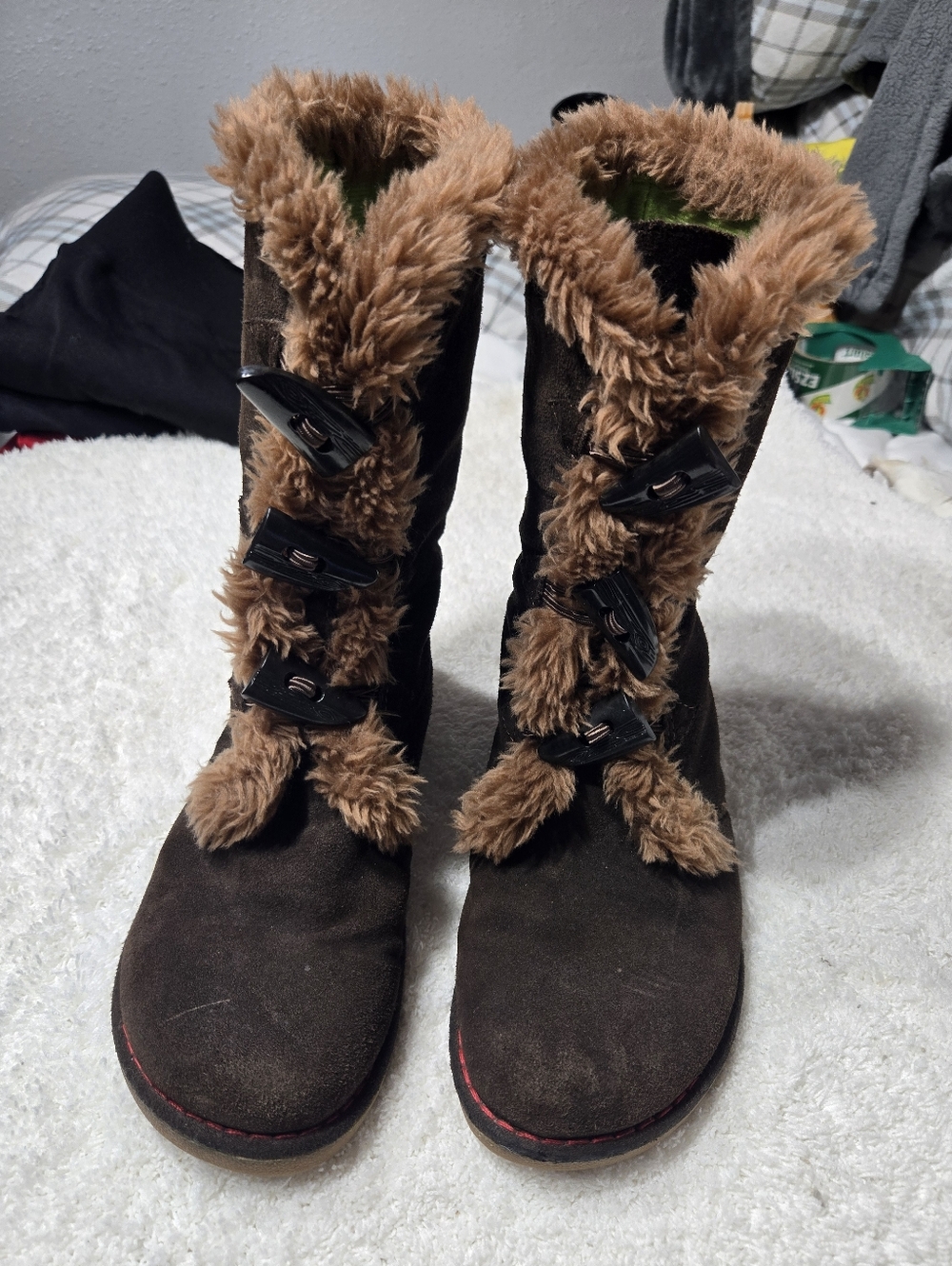 Earth Shoes woman Chocobrown Suede Midcalf height Leather/ Fur Trim Boots Sz 7.5